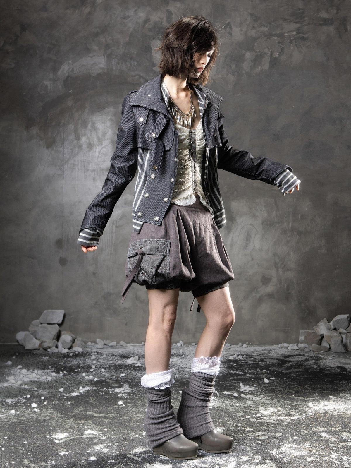 ARIADNAw Denim Blue Asymmetrical Striped Patchwork Original Design Women&