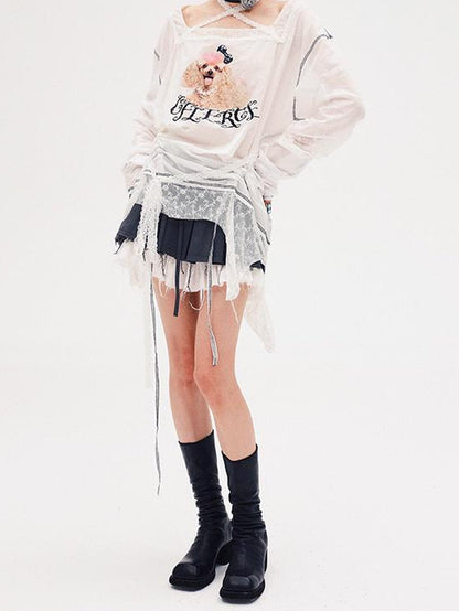 CFIERCE Fierce Poodle Print Lace Trim Long Sleeve Top