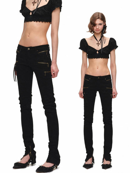 1JINN STUDIO Black Vintage Washed Zipper Low Rise Slimming Women&