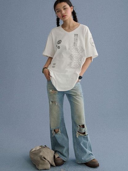 Achihara 100 Percent Cotton Skull Print Loose V-neck Women White Short Sleeve T-Shirts