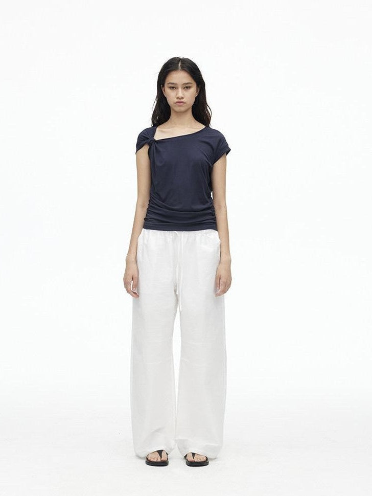 AFTADAWN Dark Blue Knotted Slanted Shoulder Slim Fit Women&