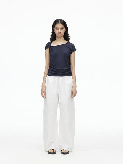 AFTADAWN Dark Blue Knotted Slanted Shoulder Slim Fit Women&