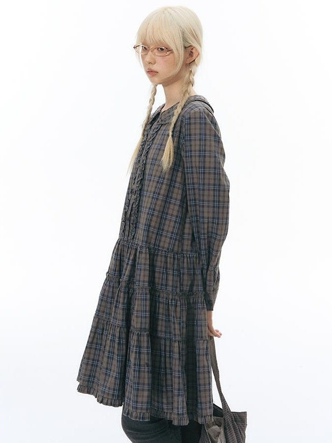 NAPSNAPS Plaid Doll Collar Ruffled Long Sleeve Women&