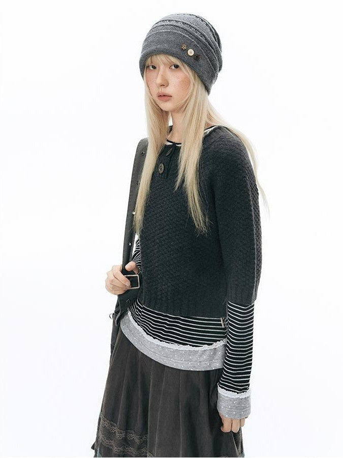 NAPSNAPS Lace Trim Striped Mock Layer Round Neck Knit Women&