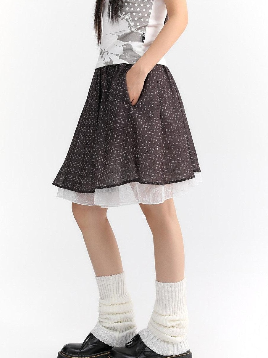 atrandom Dusty Floral Mesh Lace Trim Layered Women&