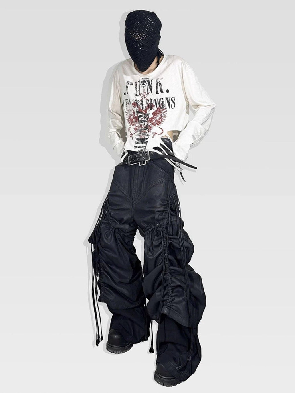ATAnothingness Pleated Cargo Loose Mid Rise Zipper Cotton Gothic Metal Black Wide-Leg Jeans