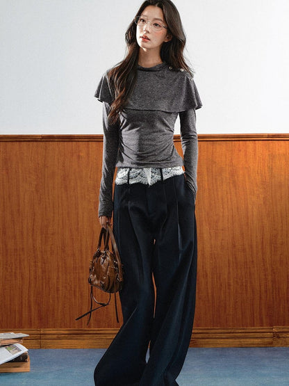 7Shiftin Double Collar Shirred Shoulder Women&