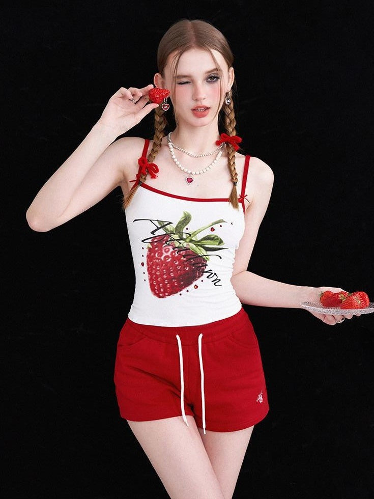 AFTADAWN Strawberry Print Cropped Slim Women&