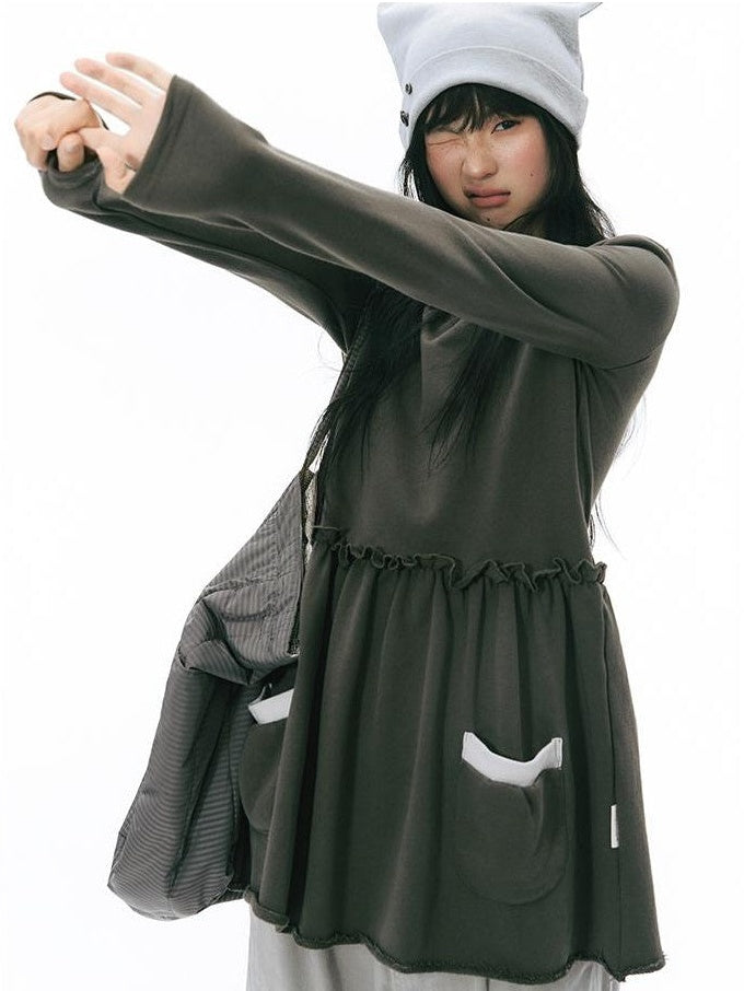 NAPSNAPS Rolled Edge Raw Hem Long Sleeve Round Neck Women&