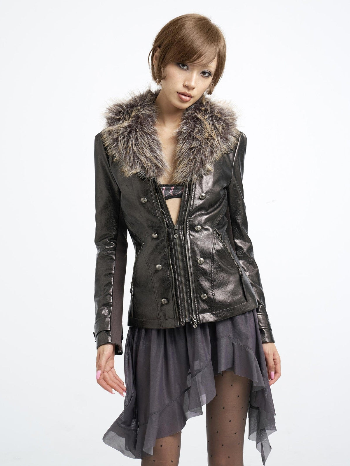 Flowers birds Market Detachable Fur Collar Double Zip Print Pu Women&