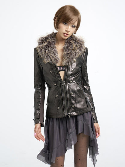 Flowers birds Market Detachable Fur Collar Double Zip Print Pu Women&