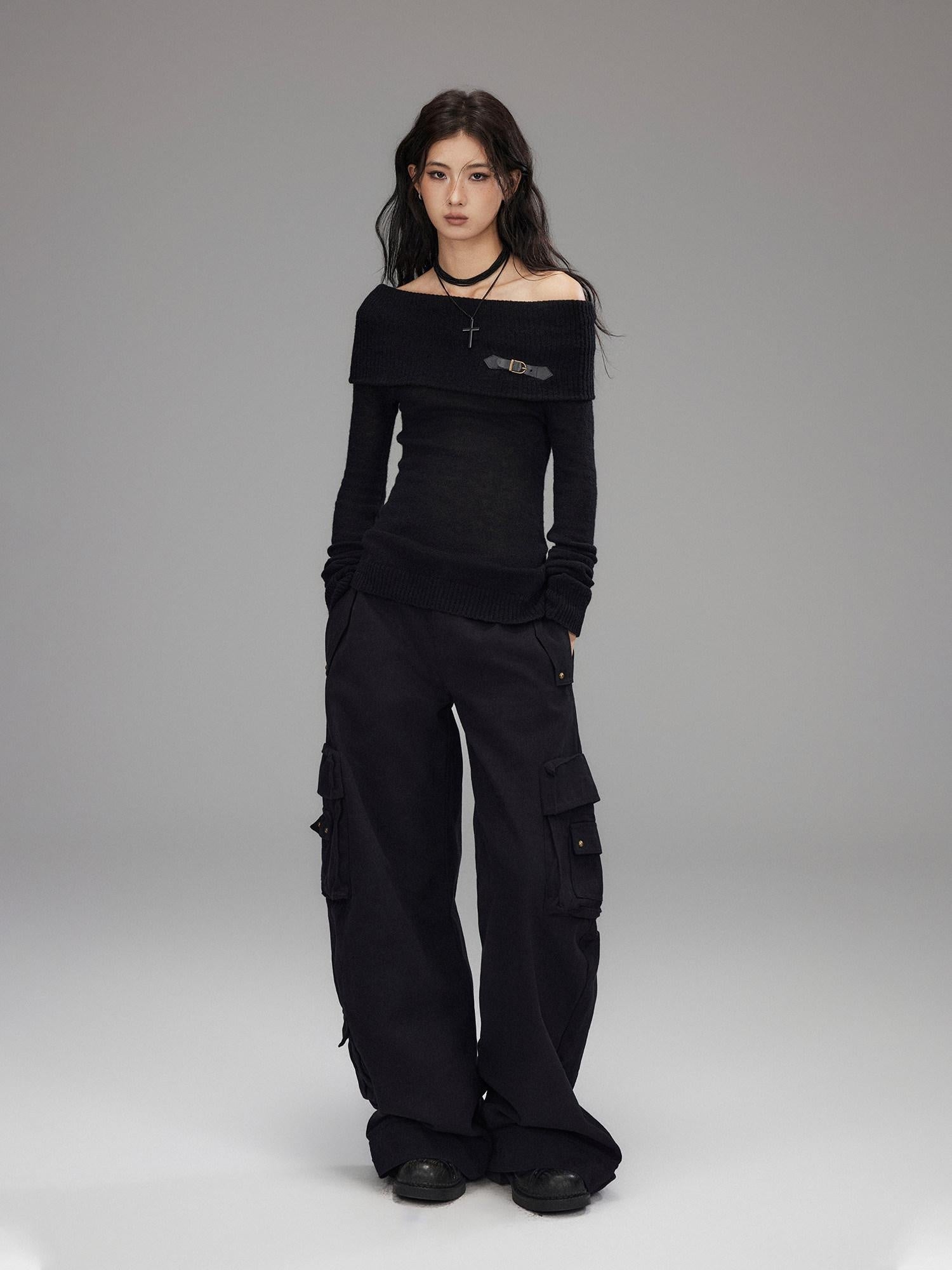 Low pixel Washed Low Rise Wide Leg Utility Loose Fit Womens Black Cargo Pants