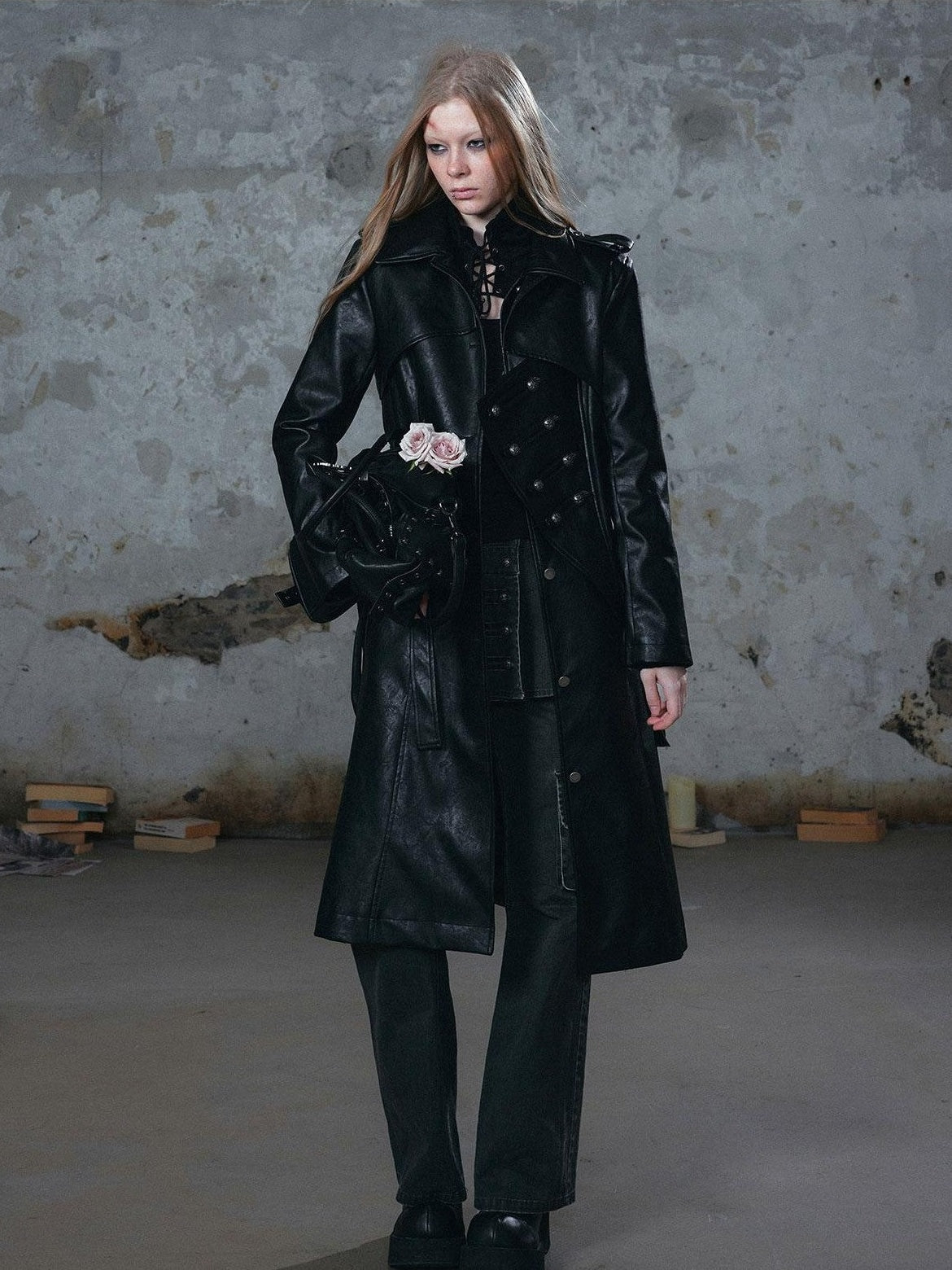 Cest Nous Asymmetric Deconstructed Waist Cinched Long Sleeve Pu Leather Women&