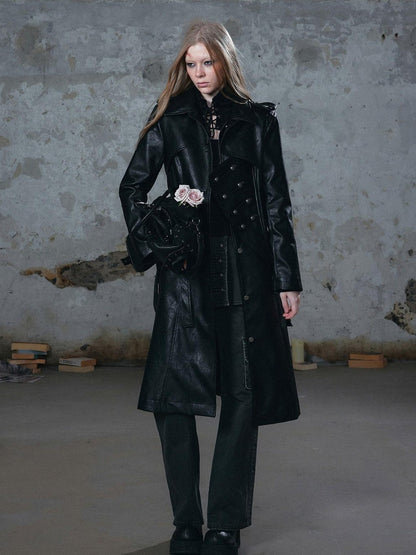 Cest Nous Asymmetric Deconstructed Waist Cinched Long Sleeve Pu Leather Women&