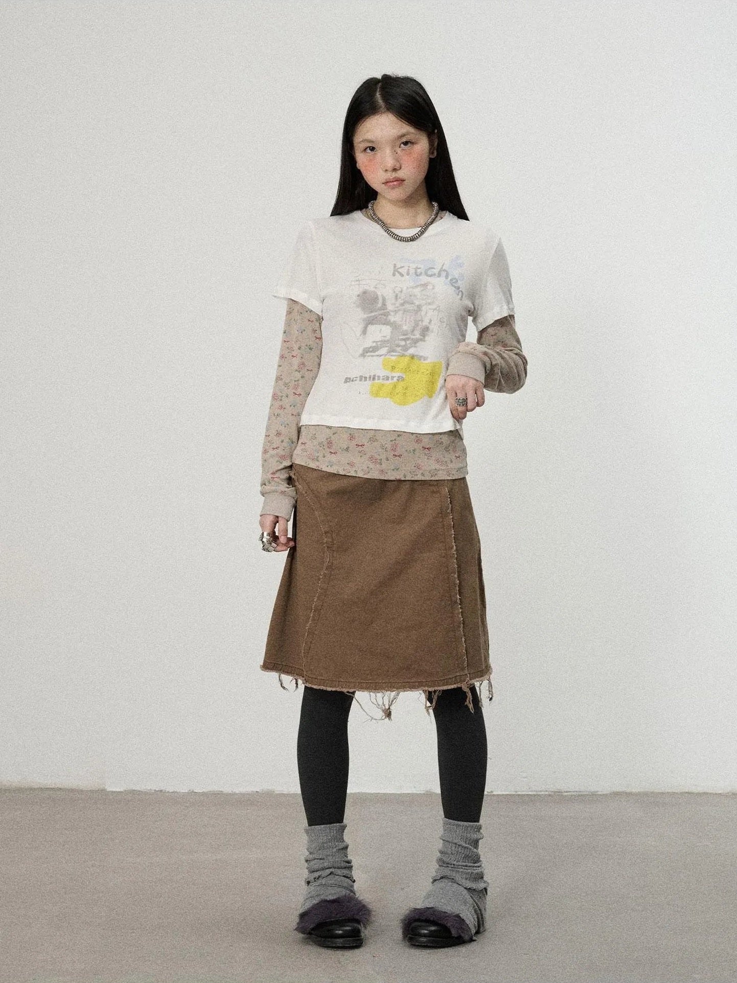 Achihara Two Piece Knit Set With Floral Print V-neck T-shirt Long Sleeve
