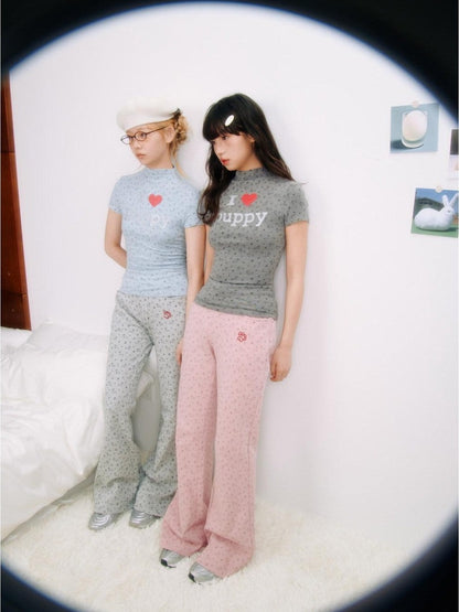 BETWEENAND I Love Dog Glitter Print Mock Neck Women&
