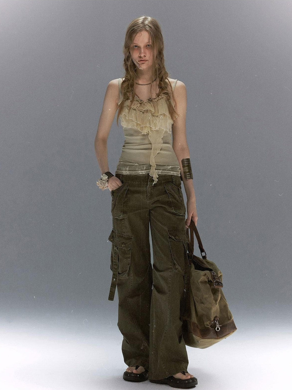 Cest Nous Distressed Multi Pocket Dual Waist Contrast Military Women&