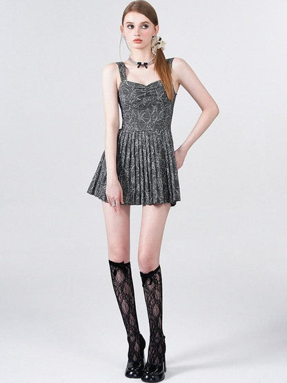 AFTADAWN Black White Check Rose Embroidery Pleated Women&