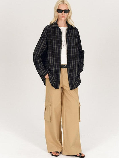 AFTADAWN Soft Textured Plaid Patchwork Collared Loose Women&