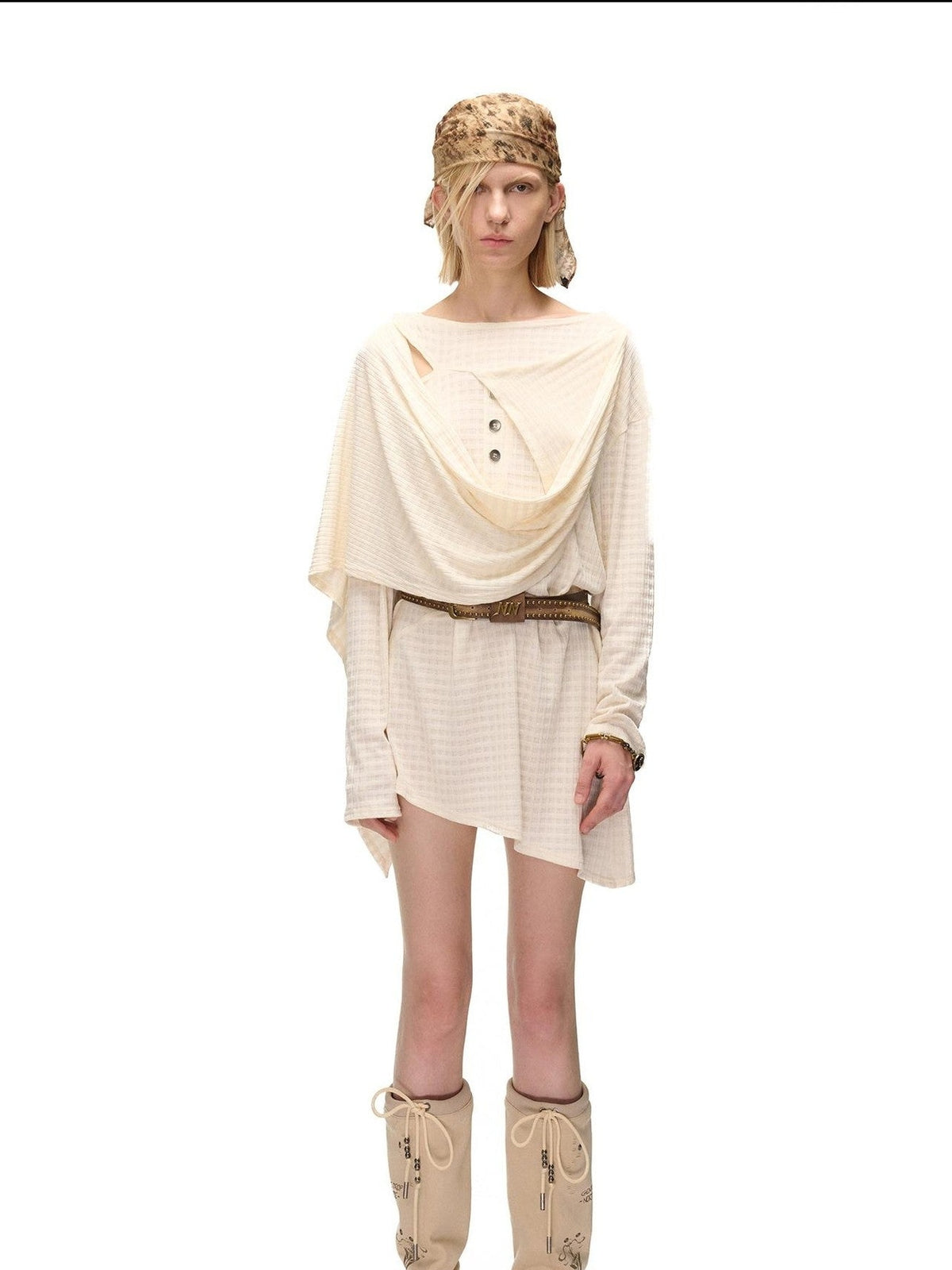 NORTH NODE Deconstructed Waffle Texture Asymmetric Long Sleeve Women&