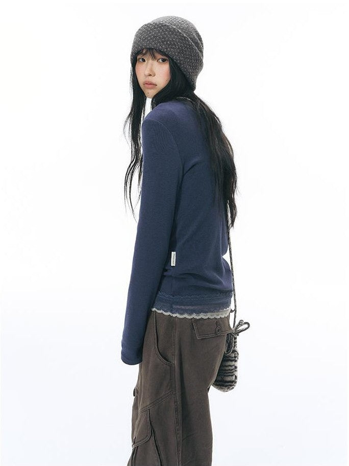 NAPSNAPS Lace Trim Splice Knit Round Neck Women&