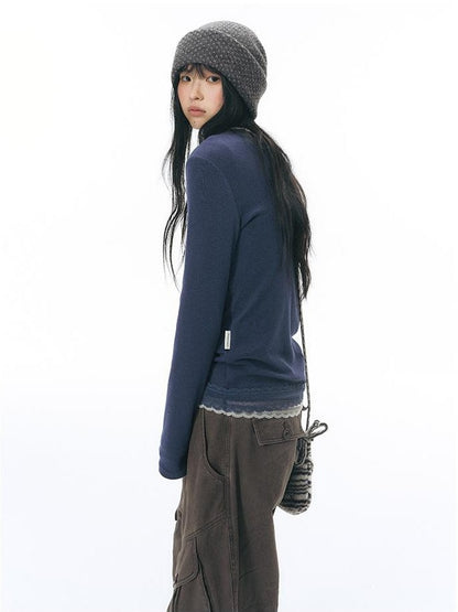 NAPSNAPS Lace Trim Splice Knit Round Neck Women&
