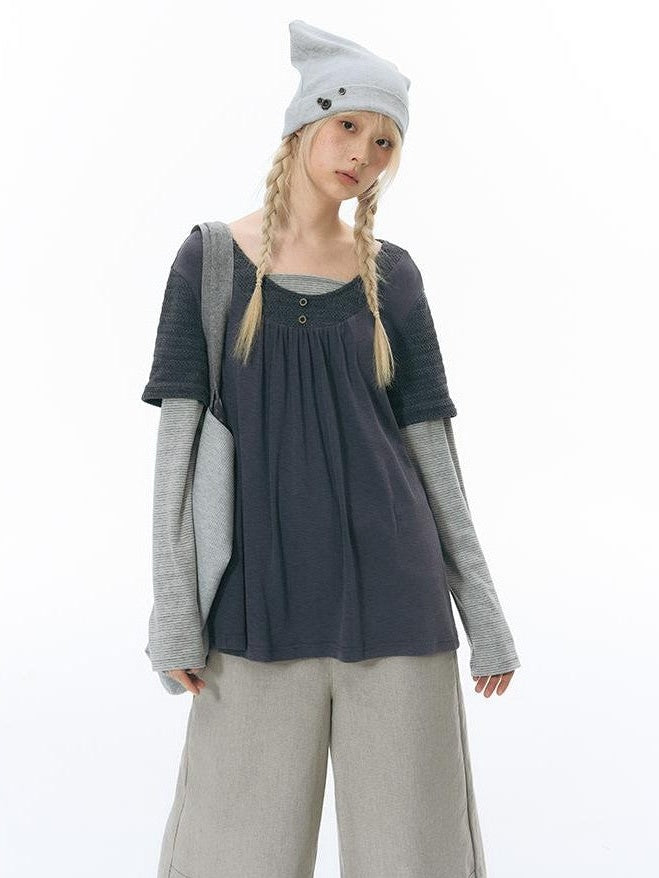 NAPSNAPS Vintage Spliced Faux Layered Round Neck Women&