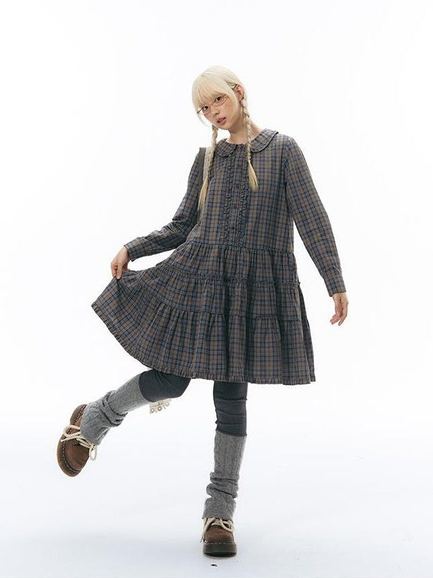 NAPSNAPS Plaid Doll Collar Ruffled Long Sleeve Women&