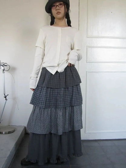 ang project Vintage Checkered Polka Dot Tiered Ruffle Skirt Skirt