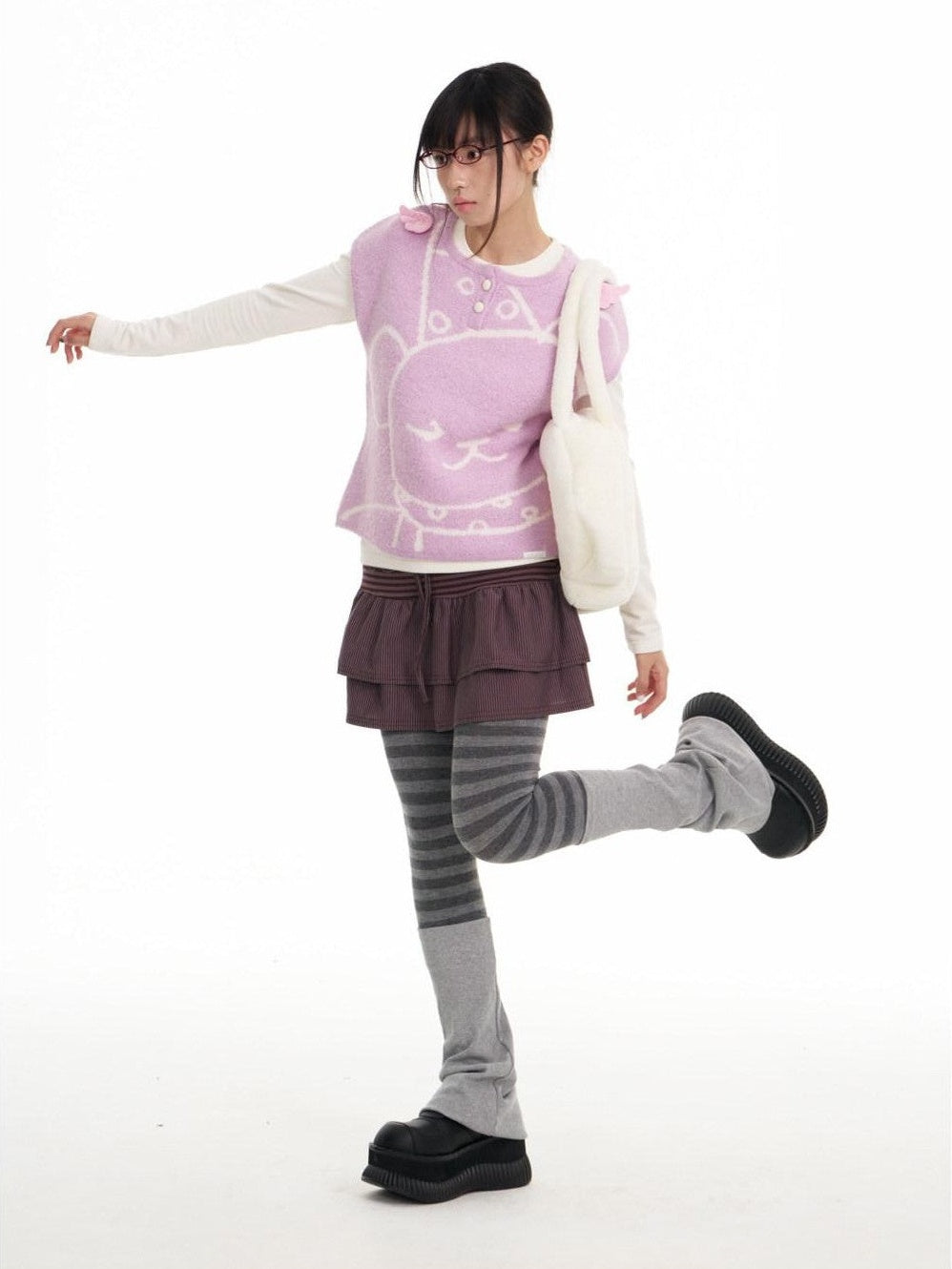 BETWEENAND Lilac Bear Print Layered Cap Women&