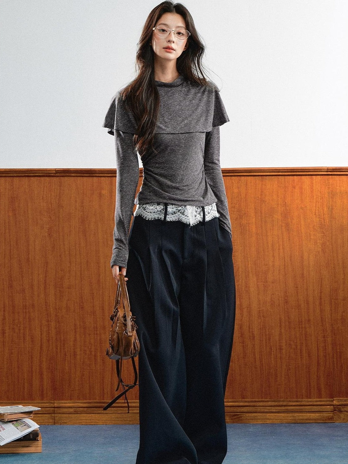 7Shiftin Double Collar Shirred Shoulder Women&