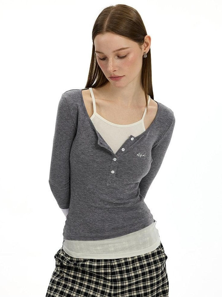 AFTADAWN Colorblock Faux Two Piece Henley Women&