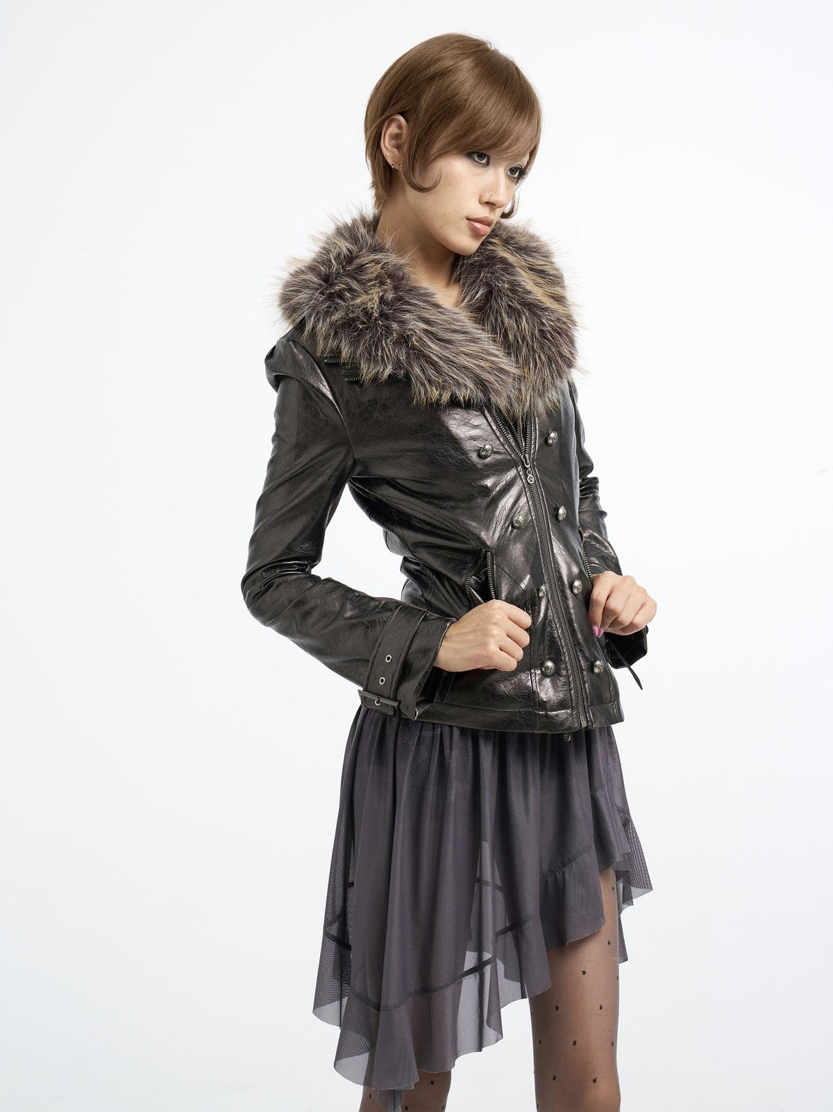 Flowers birds Market Detachable Fur Collar Double Zip Print Pu Women&