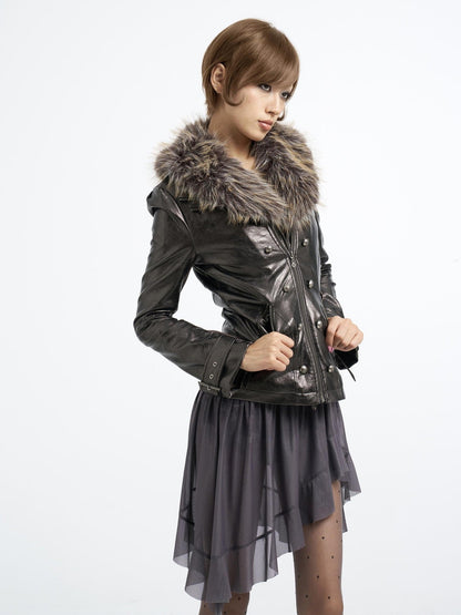 Flowers birds Market Detachable Fur Collar Double Zip Print Pu Women&