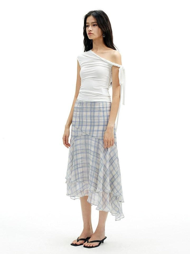 AFTADAWN Light Blue Ruffled Spliced Mesh Mermaid Women&