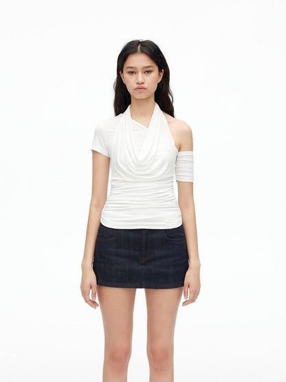 AFTADAWN Solid Ruched Halter Slanted Shoulder Women&