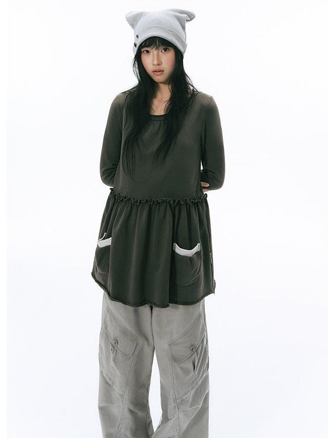 NAPSNAPS Rolled Edge Raw Hem Long Sleeve Round Neck Women&