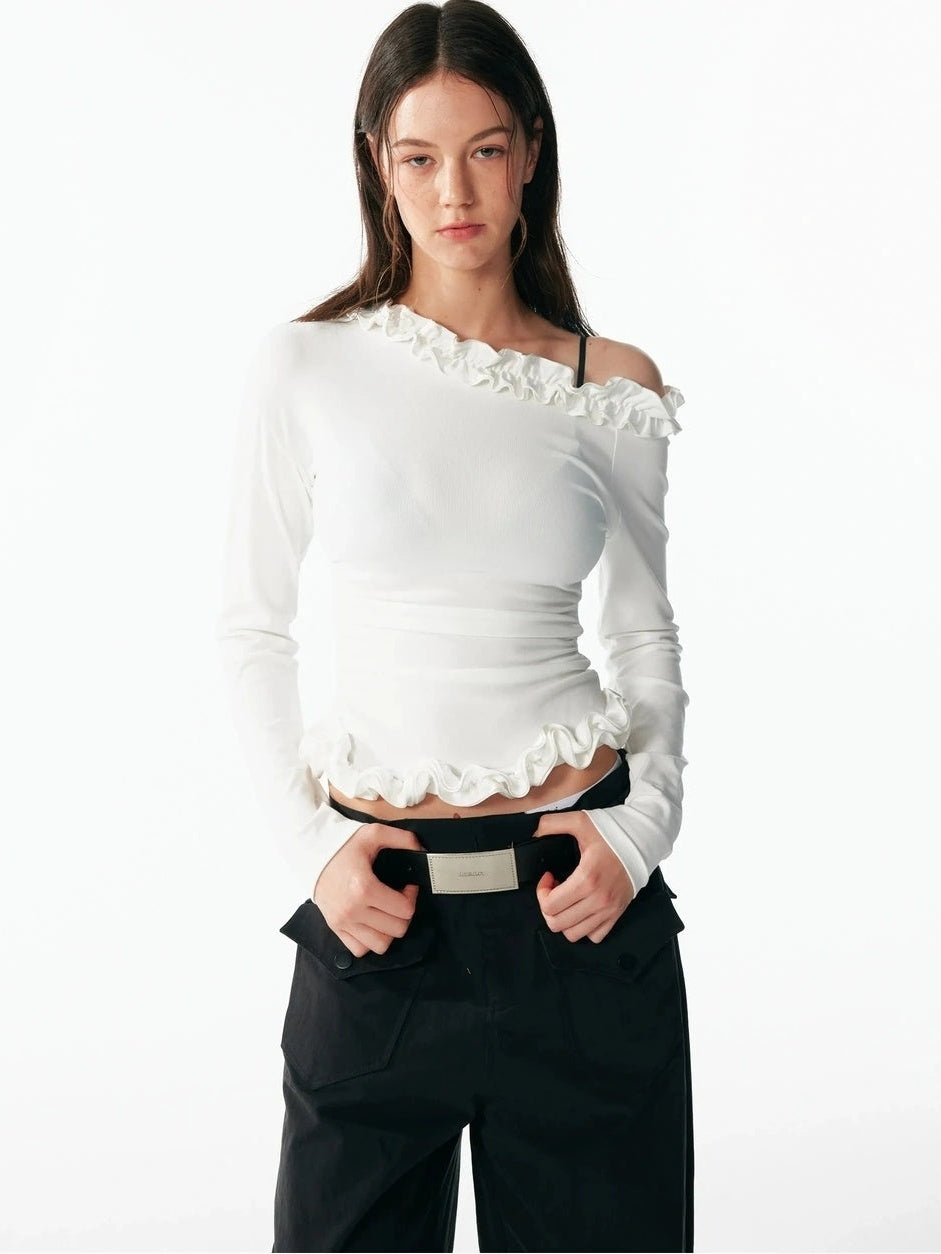 ALINNV Asymmetrical Shoulder Layered Ruffle Slim Fit Tee T-shirt