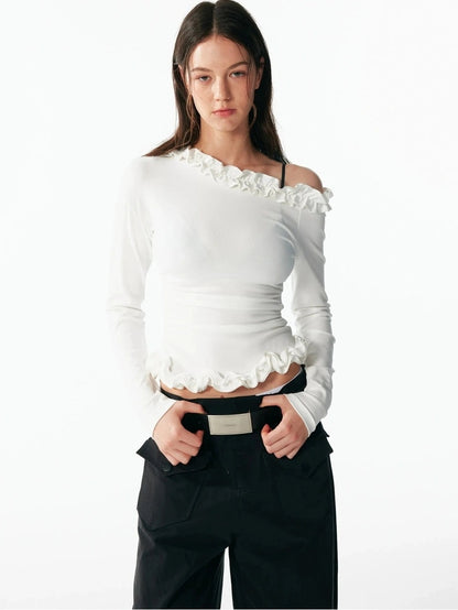 ALINNV Asymmetrical Shoulder Layered Ruffle Slim Fit Tee T-shirt