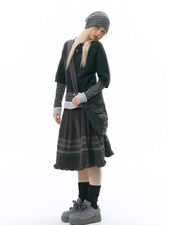NAPSNAPS Lace Trim Striped Mock Layer Round Neck Knit Women&