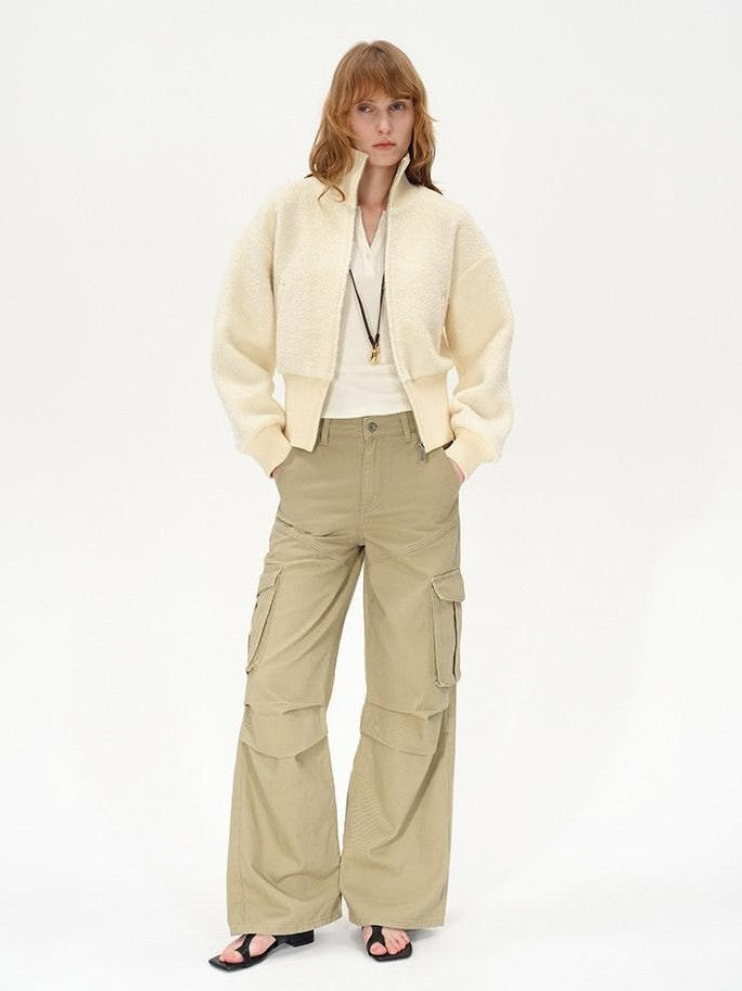 AFTADAWN Ivory Ribbed Knit Zip Stand Collar Women&