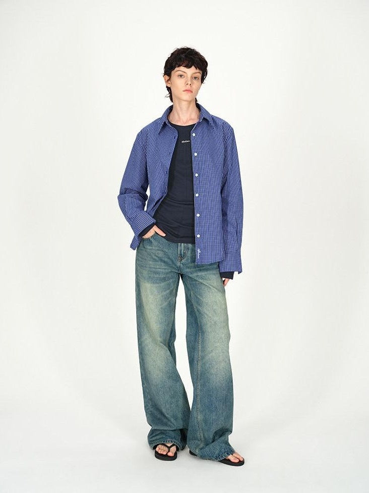 AFTADAWN Contrast Fine Check Oversized Button Polo Collar Women&