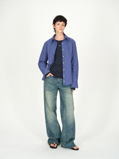 AFTADAWN Contrast Fine Check Oversized Button Polo Collar Women&