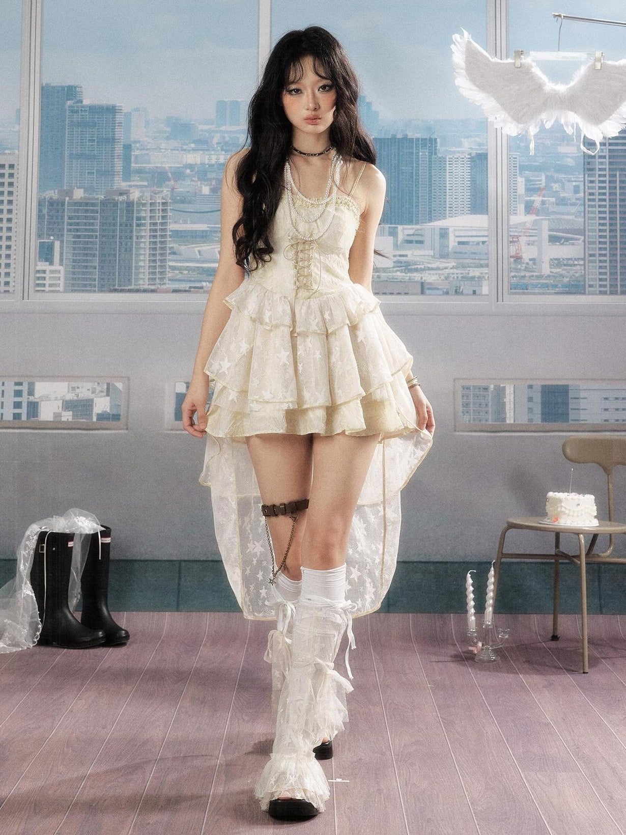 ALL iN plan Sweet Ivory Slim Cami Round Neck Puff Skirt Casual Slip Mini Dresses