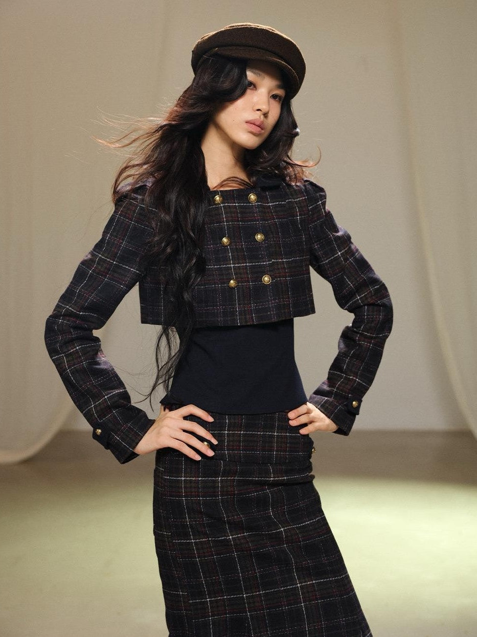 lvetong Plaid Wool Blend Cropped Jacket Long Sleeve Fishtail Skirt Women&