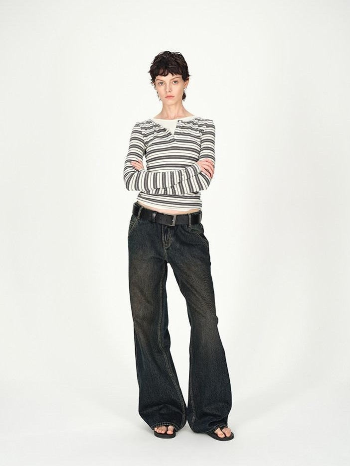 AFTADAWN Striped Colorblock Henley Layered Women&