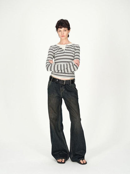 AFTADAWN Striped Colorblock Henley Layered Women&