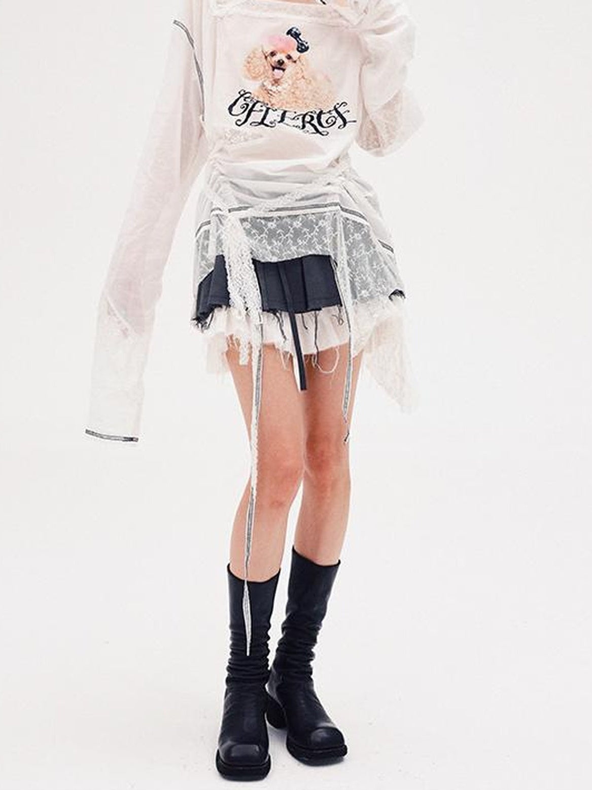 CFIERCE Fierce Poodle Print Lace Trim Long Sleeve Top