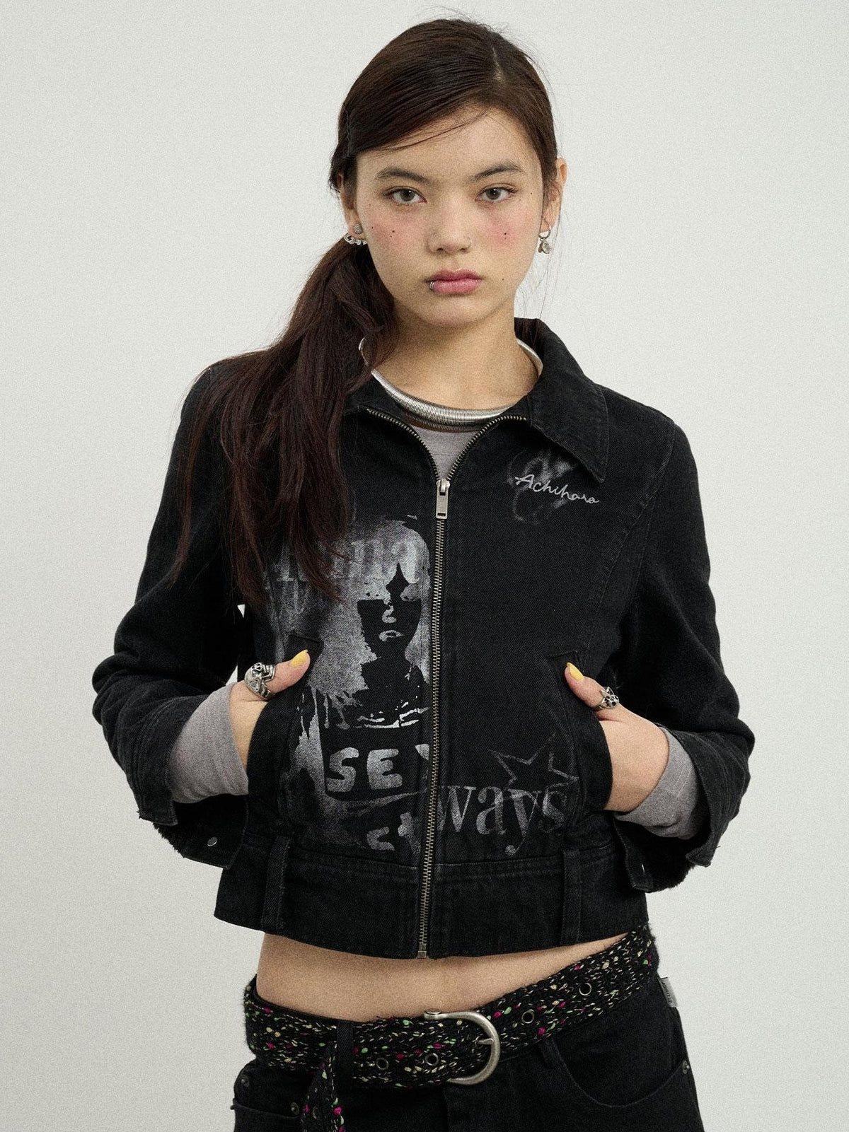 Achihara Print Fleece Lined Stand Collar Cotton Denim Women&