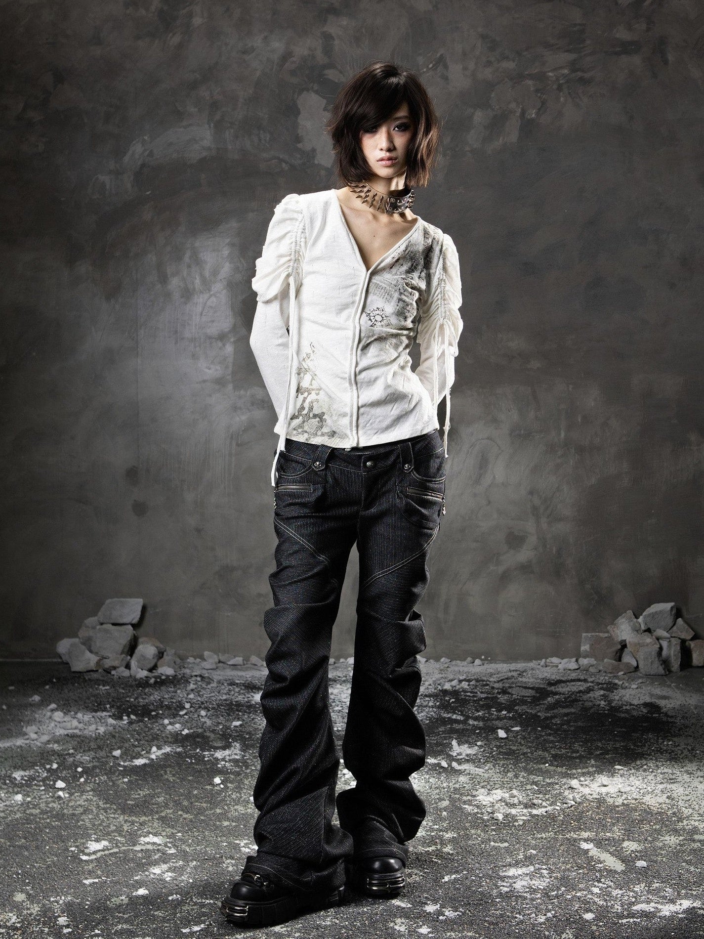 ARIADNAw Black Denim Punk Double Waistband Curved Stacked Texture Women&